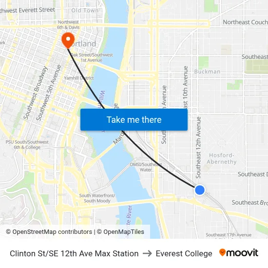 Clinton St/SE 12th Ave Max Station to Everest College map