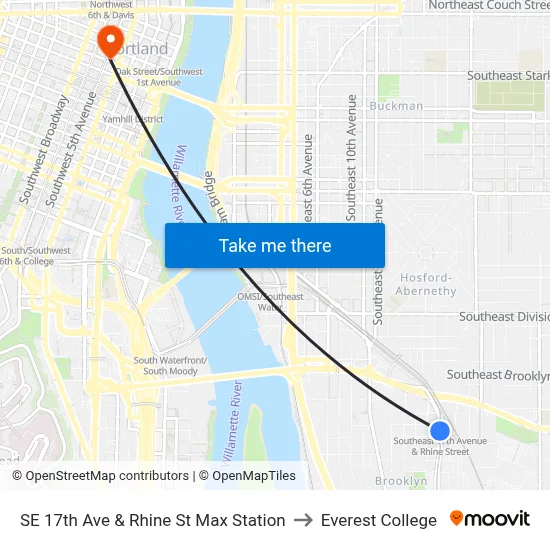 SE 17th Ave & Rhine St Max Station to Everest College map