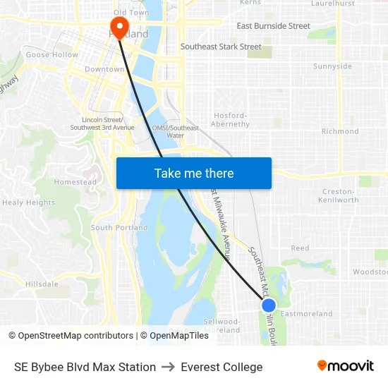 SE Bybee Blvd Max Station to Everest College map