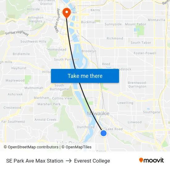 SE Park Ave Max Station to Everest College map