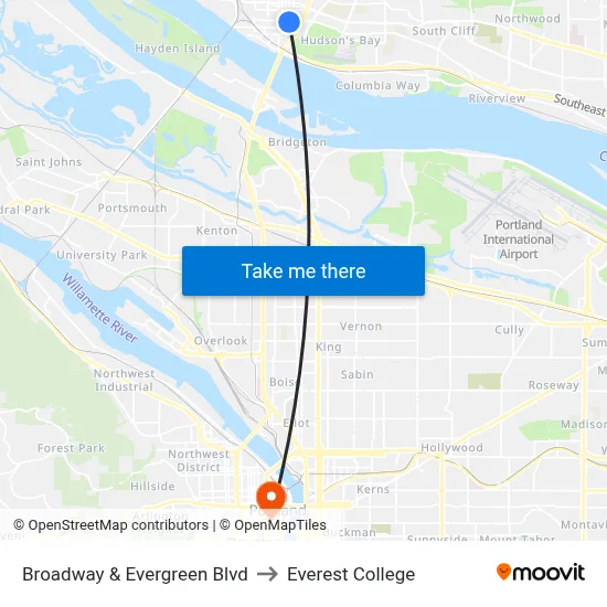 Broadway & Evergreen Blvd to Everest College map