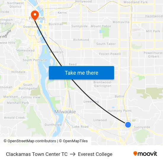 Clackamas Town Center TC to Everest College map