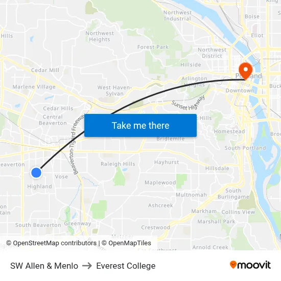 SW Allen & Menlo to Everest College map
