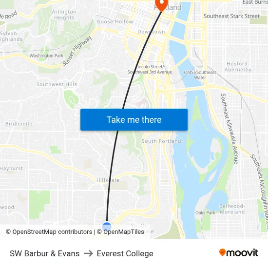 SW Barbur & Evans to Everest College map