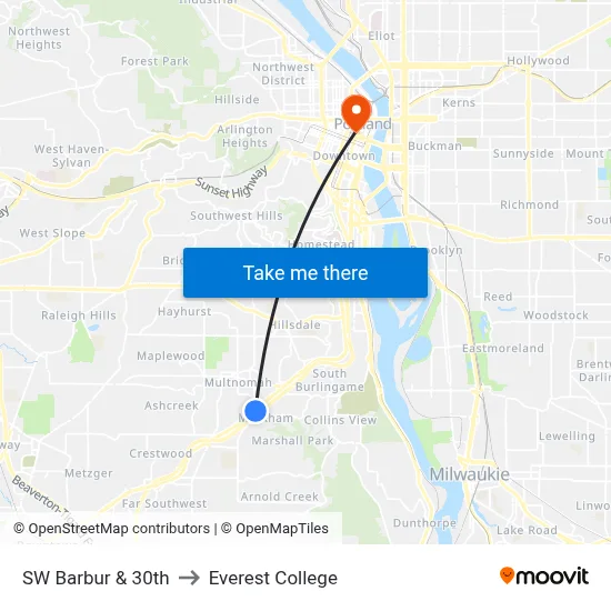 SW Barbur & 30th to Everest College map
