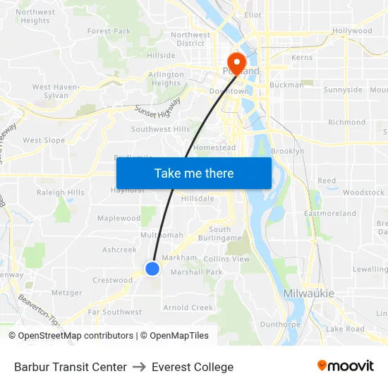 Barbur Transit Center to Everest College map