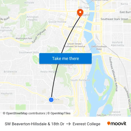 SW Beaverton-Hillsdale & 18th Dr to Everest College map