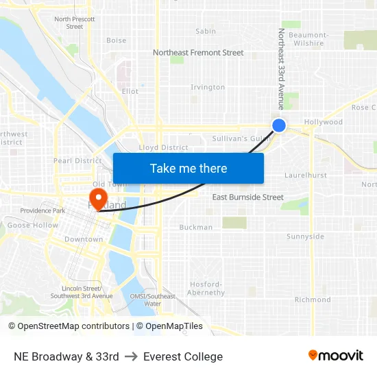 NE Broadway & 33rd to Everest College map