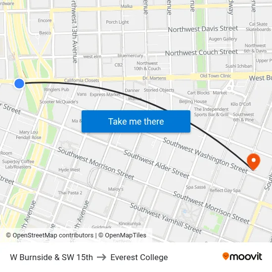 W Burnside & SW 15th to Everest College map