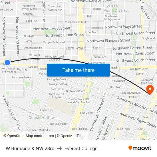 W Burnside & NW 23rd to Everest College map