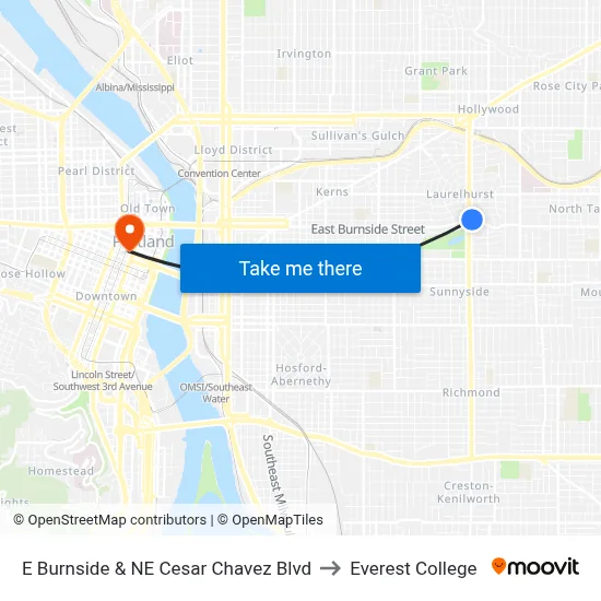 E Burnside & NE Cesar Chavez Blvd to Everest College map