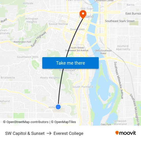 SW Capitol & Sunset to Everest College map