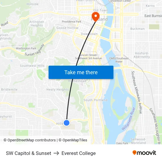 SW Capitol & Sunset to Everest College map