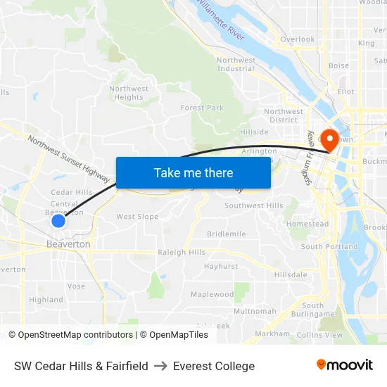 SW Cedar Hills & Fairfield to Everest College map