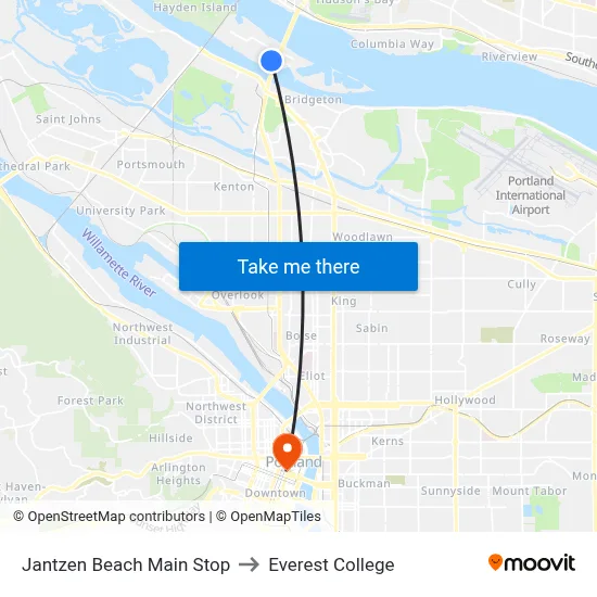 Jantzen Beach Main Stop to Everest College map