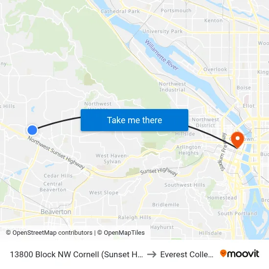 13800 Block NW Cornell (Sunset HS) to Everest College map