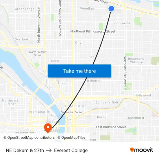NE Dekum & 27th to Everest College map