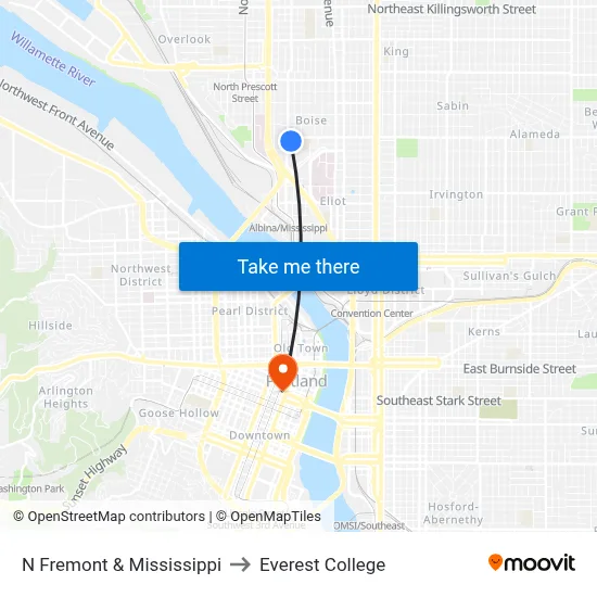 N Fremont & Mississippi to Everest College map