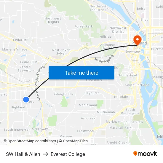 SW Hall & Allen to Everest College map
