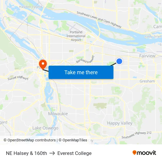 NE Halsey & 160th to Everest College map