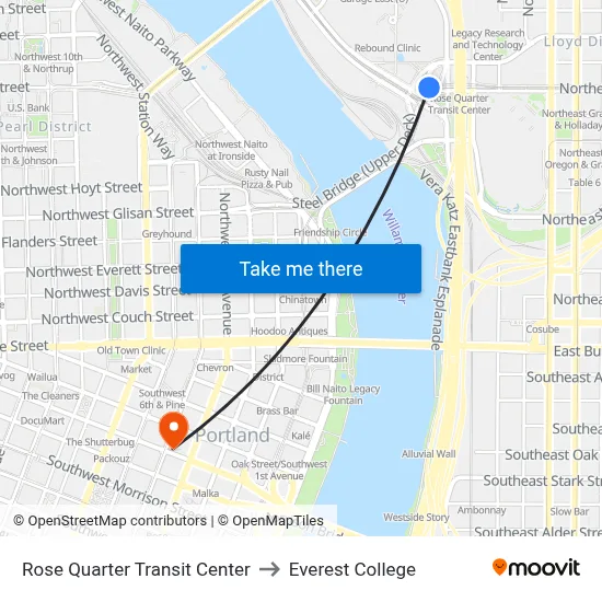 Rose Quarter Transit Center to Everest College map