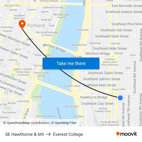 SE Hawthorne & 6th to Everest College map