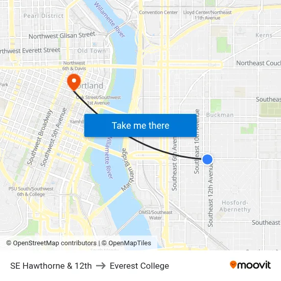 SE Hawthorne & 12th to Everest College map
