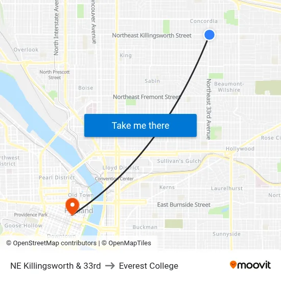 NE Killingsworth & 33rd to Everest College map