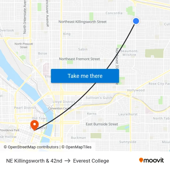 NE Killingsworth & 42nd to Everest College map