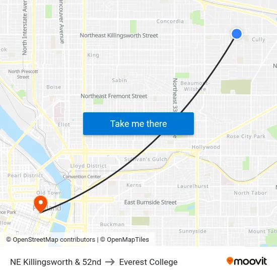 NE Killingsworth & 52nd to Everest College map