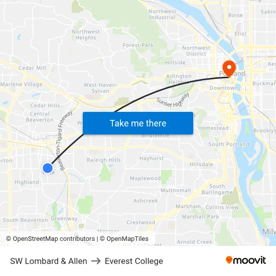 SW Lombard & Allen to Everest College map