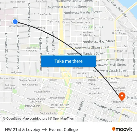 NW 21st & Lovejoy to Everest College map