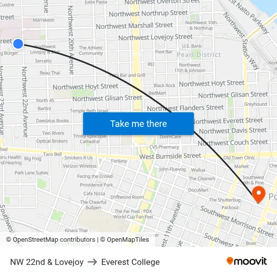 NW 22nd & Lovejoy to Everest College map