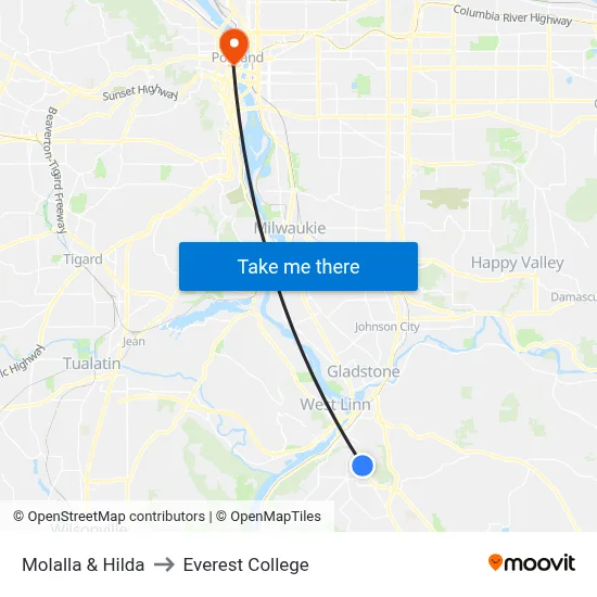 Molalla & Hilda to Everest College map