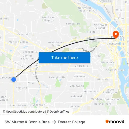 SW Murray & Bonnie Brae to Everest College map