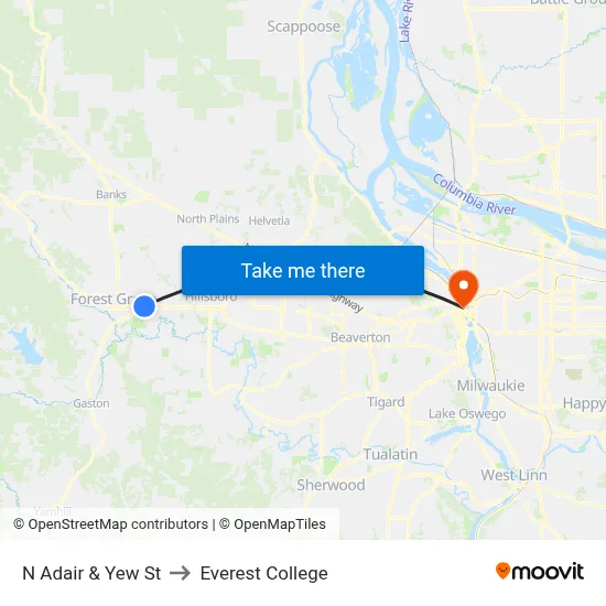 N Adair & Yew St to Everest College map
