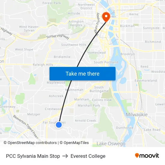 PCC Sylvania Main Stop to Everest College map