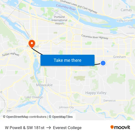 W Powell & SW 181st to Everest College map