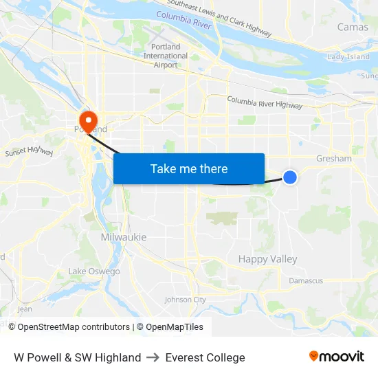 W Powell & SW Highland to Everest College map