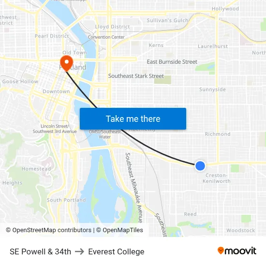 SE Powell & 34th to Everest College map