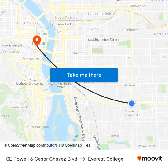 SE Powell & Cesar Chavez Blvd to Everest College map