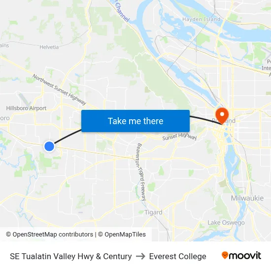 SE Tualatin Valley Hwy & Century to Everest College map