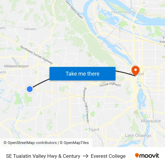 SE Tualatin Valley Hwy & Century to Everest College map