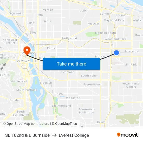 SE 102nd & E Burnside to Everest College map