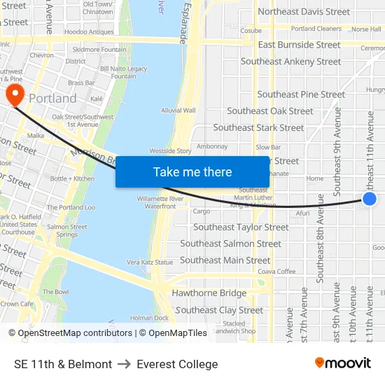SE 11th & Belmont to Everest College map