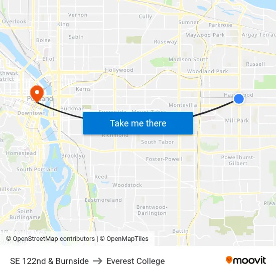 SE 122nd & Burnside to Everest College map