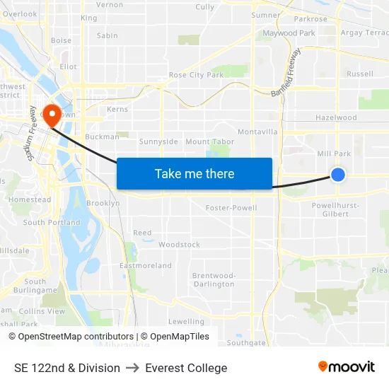 SE 122nd & Division to Everest College map