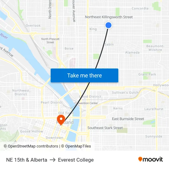 NE 15th & Alberta to Everest College map
