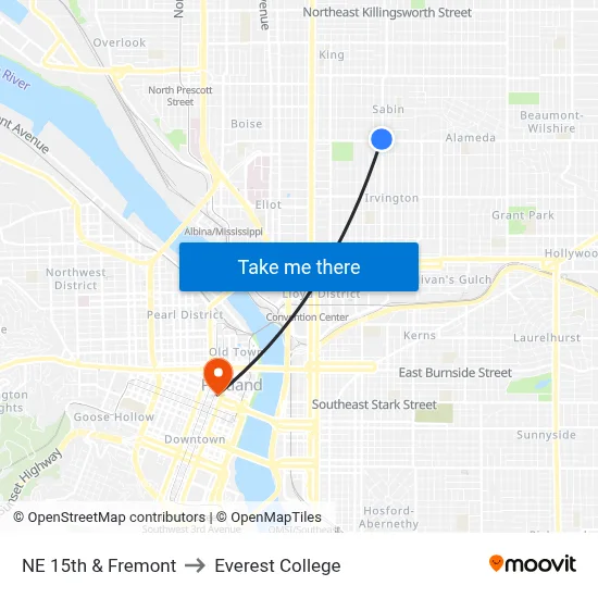 NE 15th & Fremont to Everest College map