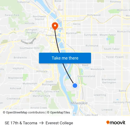 SE 17th & Tacoma to Everest College map